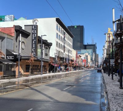 Granville Street, off-centre perspective, clear blue sky