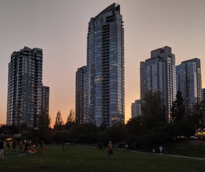 towers against sunset sky