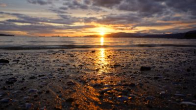 Sunset reflected on low tide beach