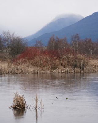 Pond and cloudy mountains