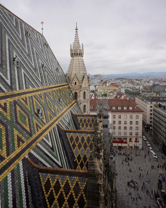 Cathedral roof and Stephansplatz under a grey sky