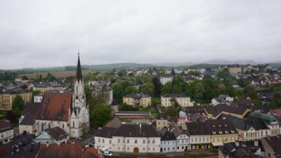 The town of Melk, a quaint little town with low building and a church with spire