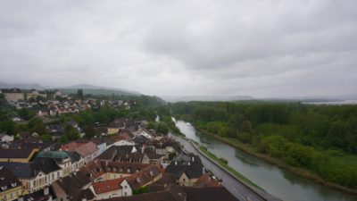 Part of the town of Melk and the canal that runs parallel to the Danube