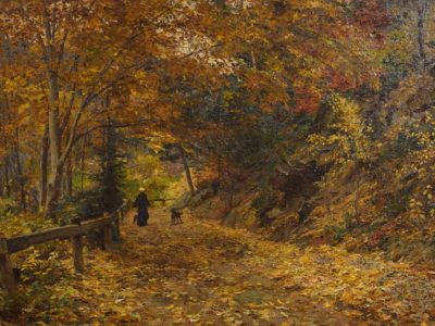 An Impressionist painting of a trail in the woods, in the fall.