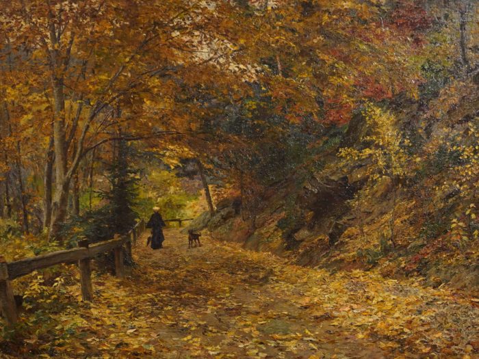 An Impressionist painting of a trail in the woods, in the fall.