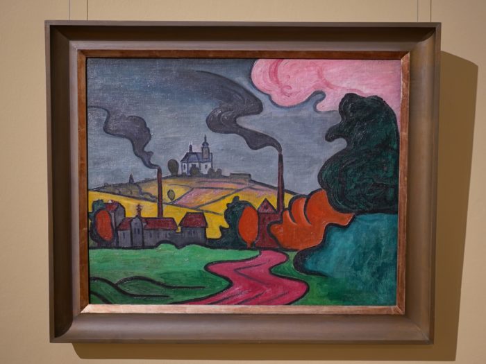 A painting of a landscape with a church, under grey skies and factory smokestacks