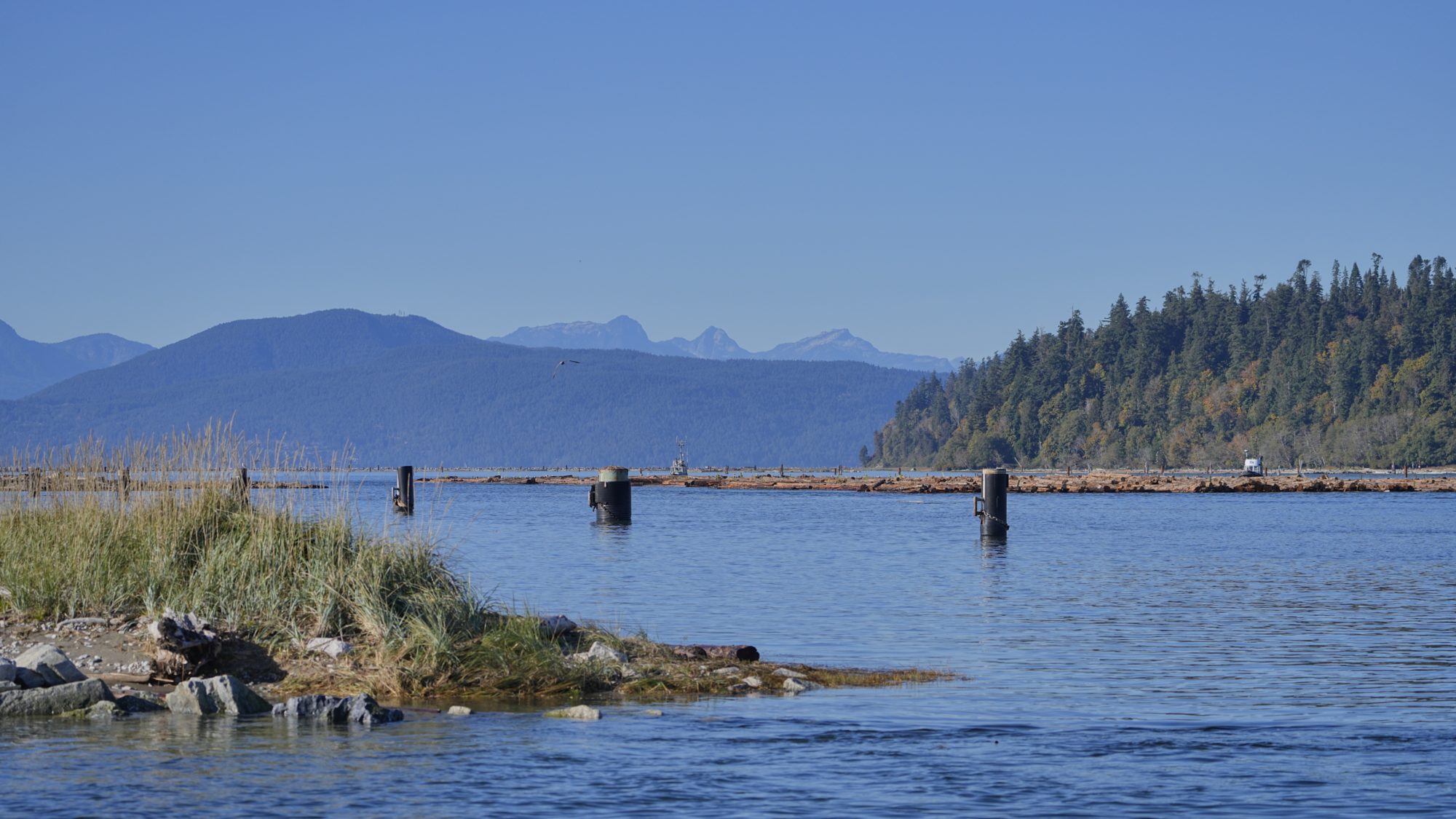 The Fraser River and part of the north jetty, with mountains in the background