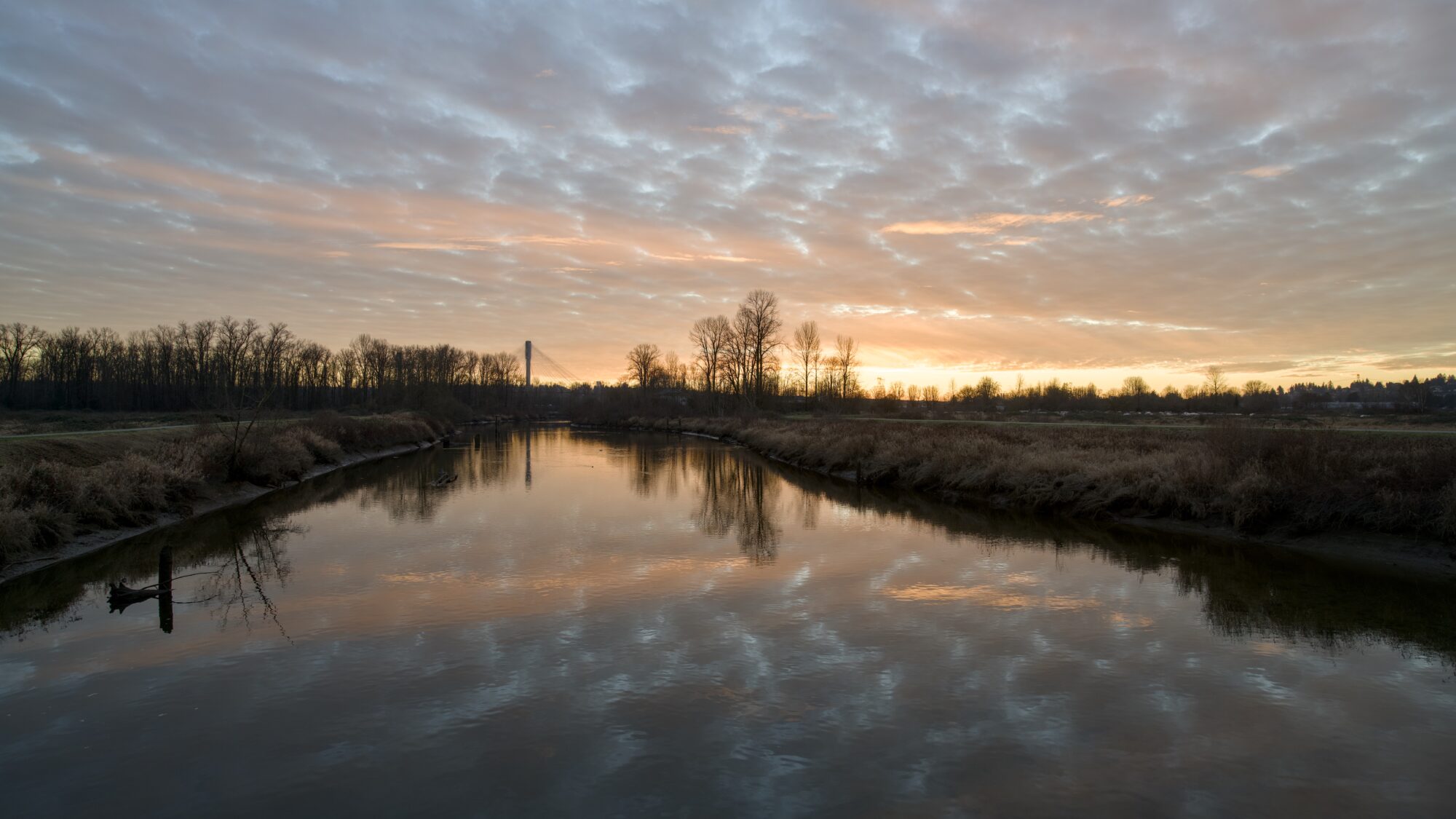 Coquitlam River from the bridge, reflecting the just-vanishing sunset. Sky is covered in scattered little clouds